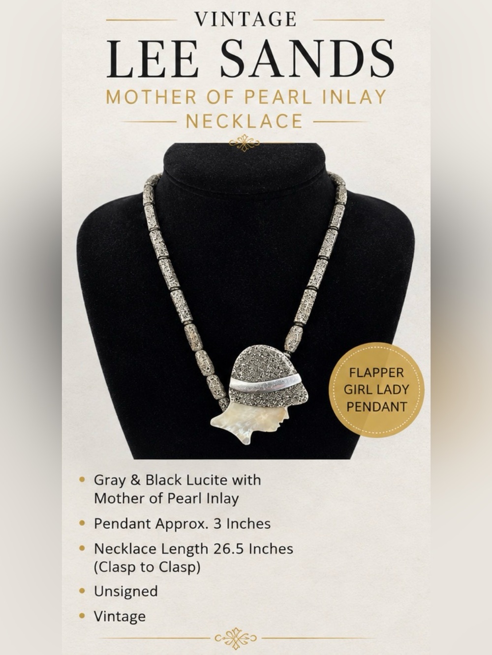 Lee Sands Mother of Pearl Flapper Girl Necklace - Gray & Black